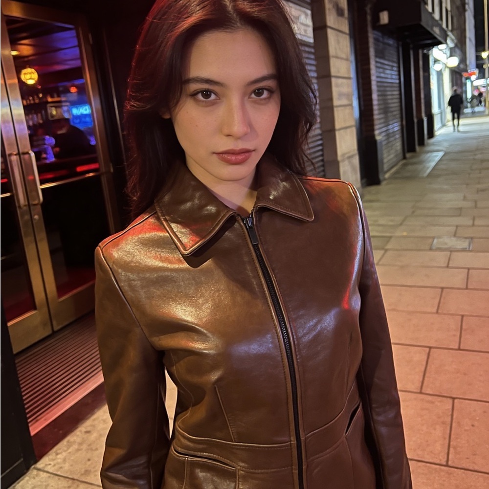 Ann Taylor Genuine Leather Brown Zip Jacket Classic Tailored Size XS